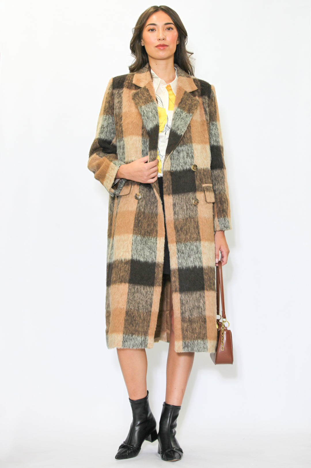 Camel plaid coat hotsell