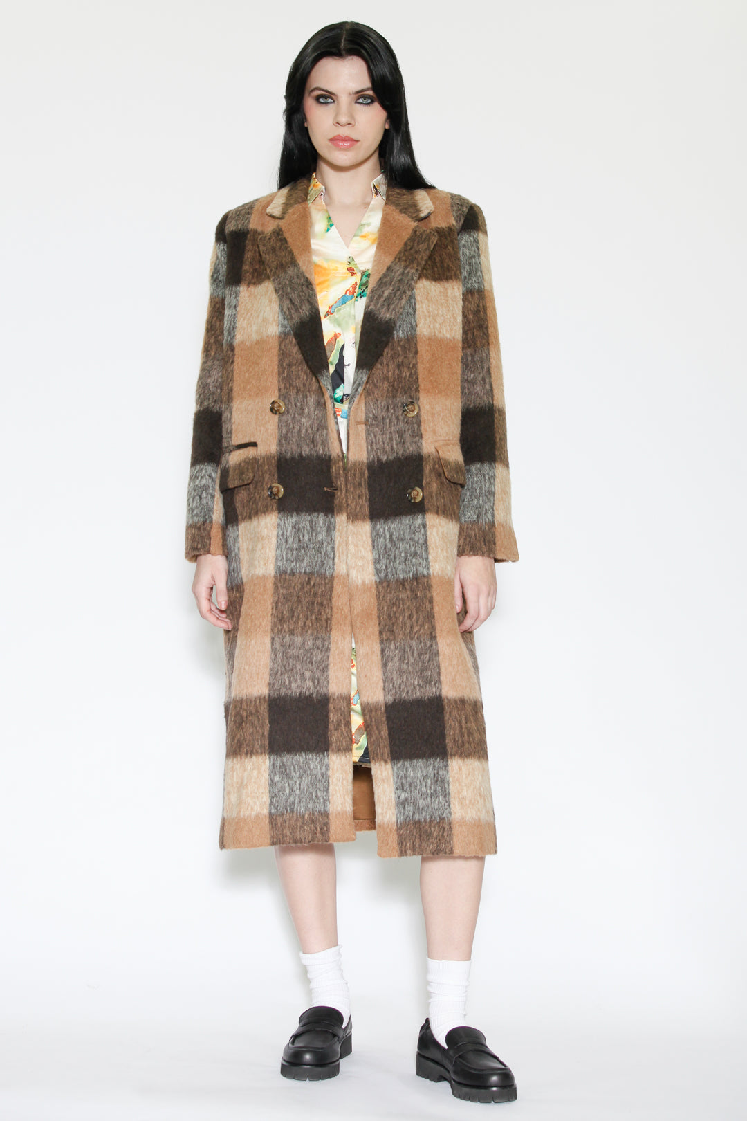 Heavy Wool Camel Brown Plaid Coat