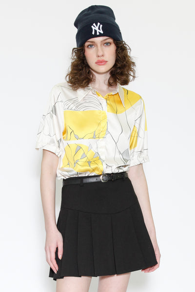 Silk Printed Yellow Floral Button Down Top