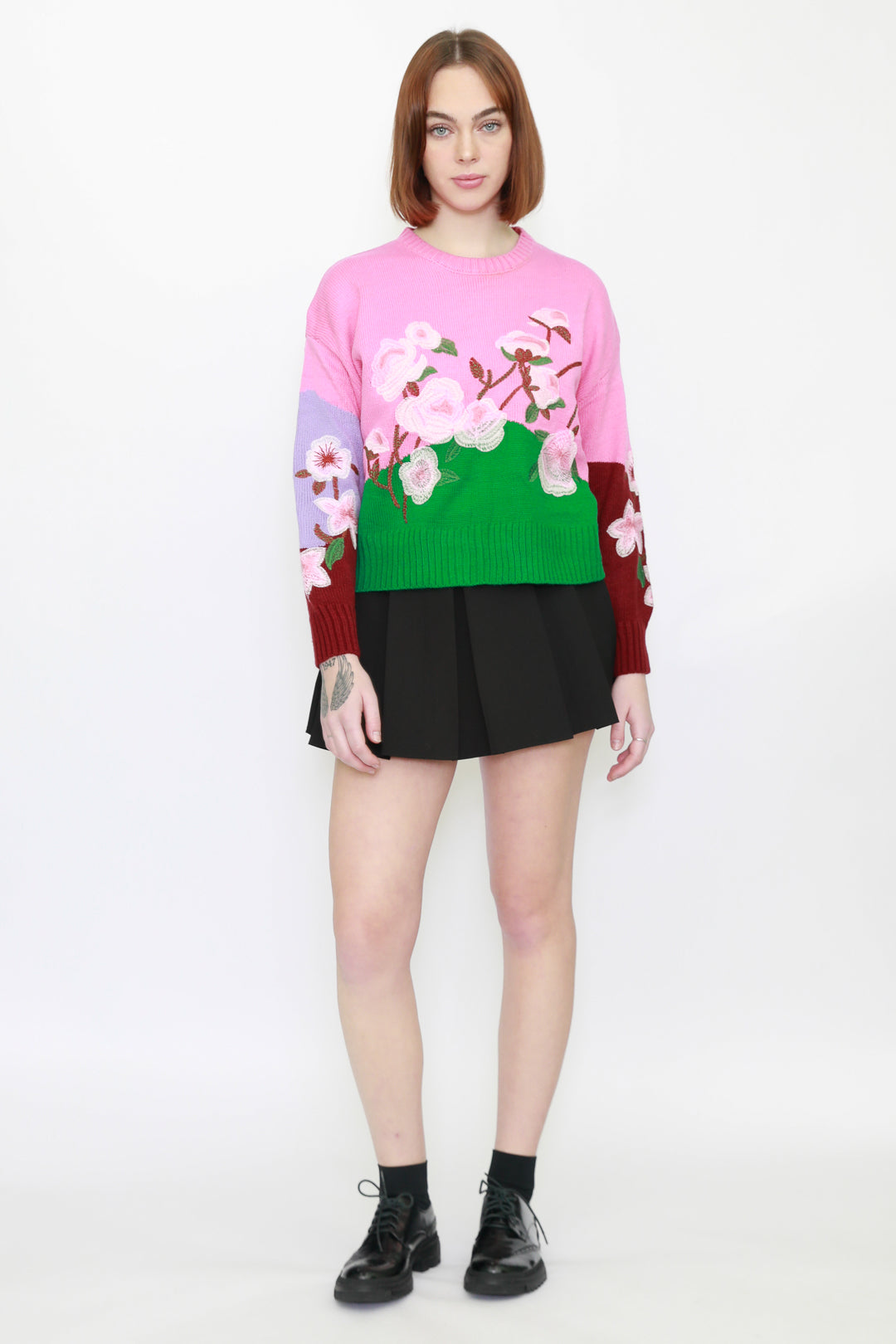 Wool Embroidery Pink Floral Sweater