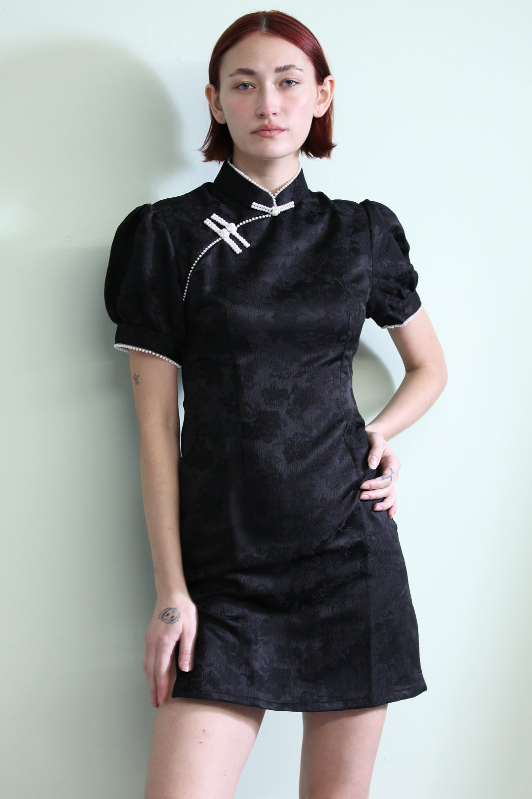 Black Qipao Mini Dress with Pearls