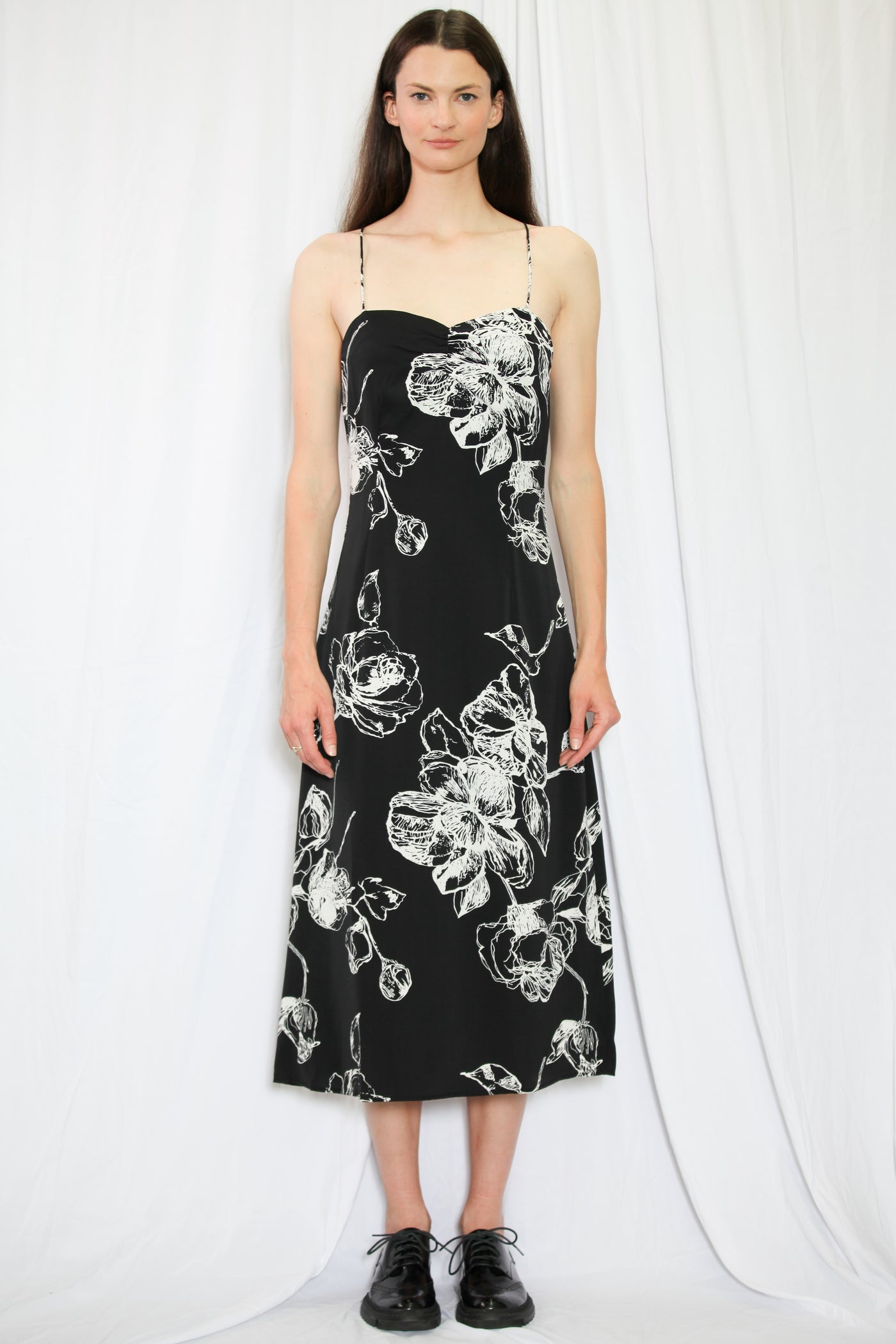 Silk Printed Black and White Floral Slip Dress