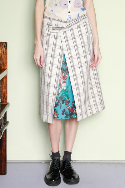 Wool Plaid and Silk Pleated Wrap Skirt