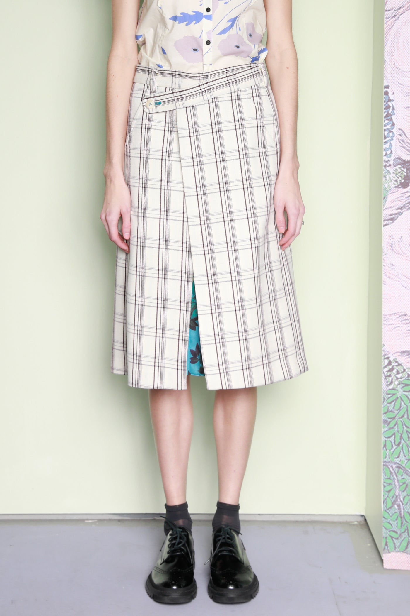 Wool Plaid and Silk Pleated Wrap Skirt