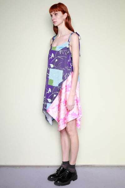Silk Printed Blue Pink Abstract A-Line Dress