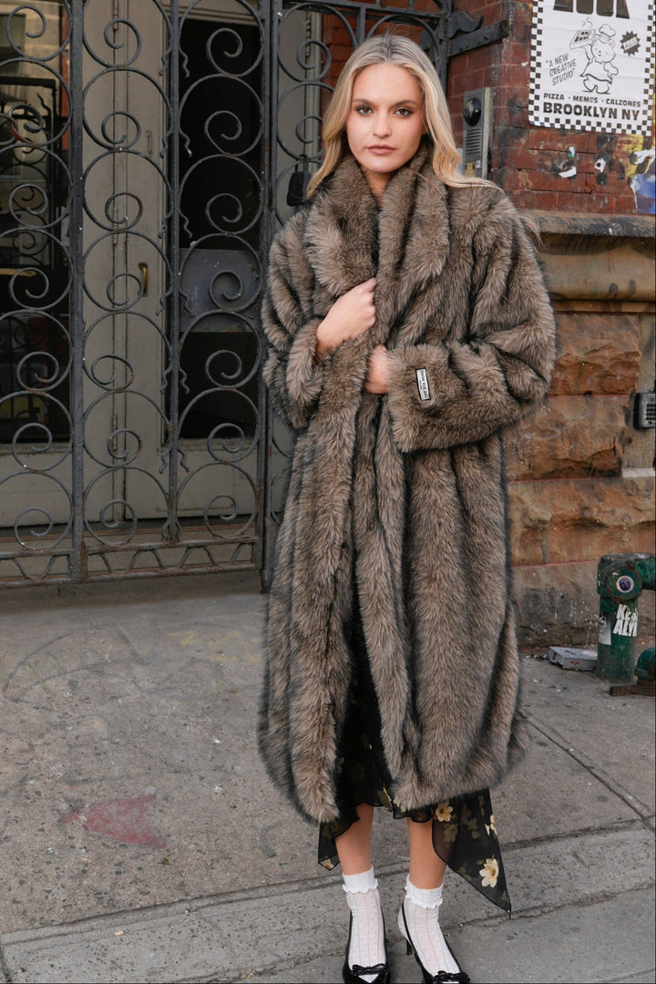 Wool-Blend Brown Faux Fur Coat