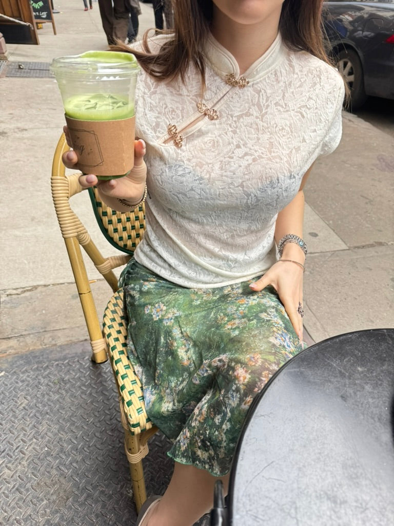 Cotton Cream Qipao Lace Top with Gold Knot