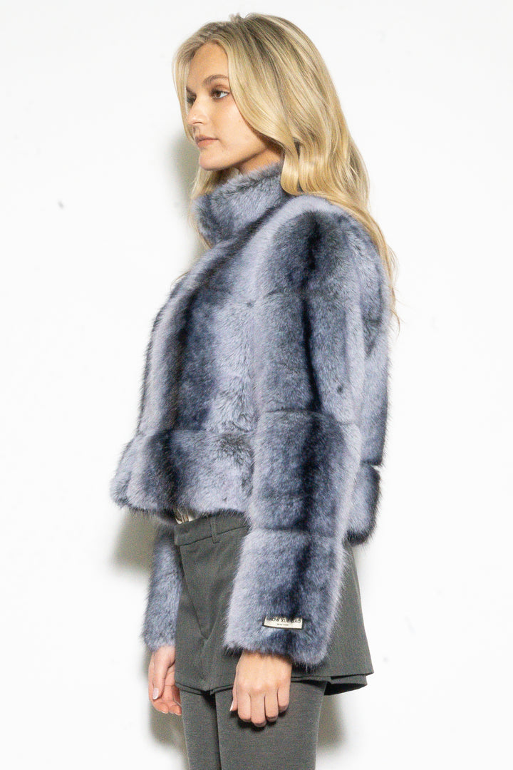 Wool-Blend Grey Faux Fur Jacket