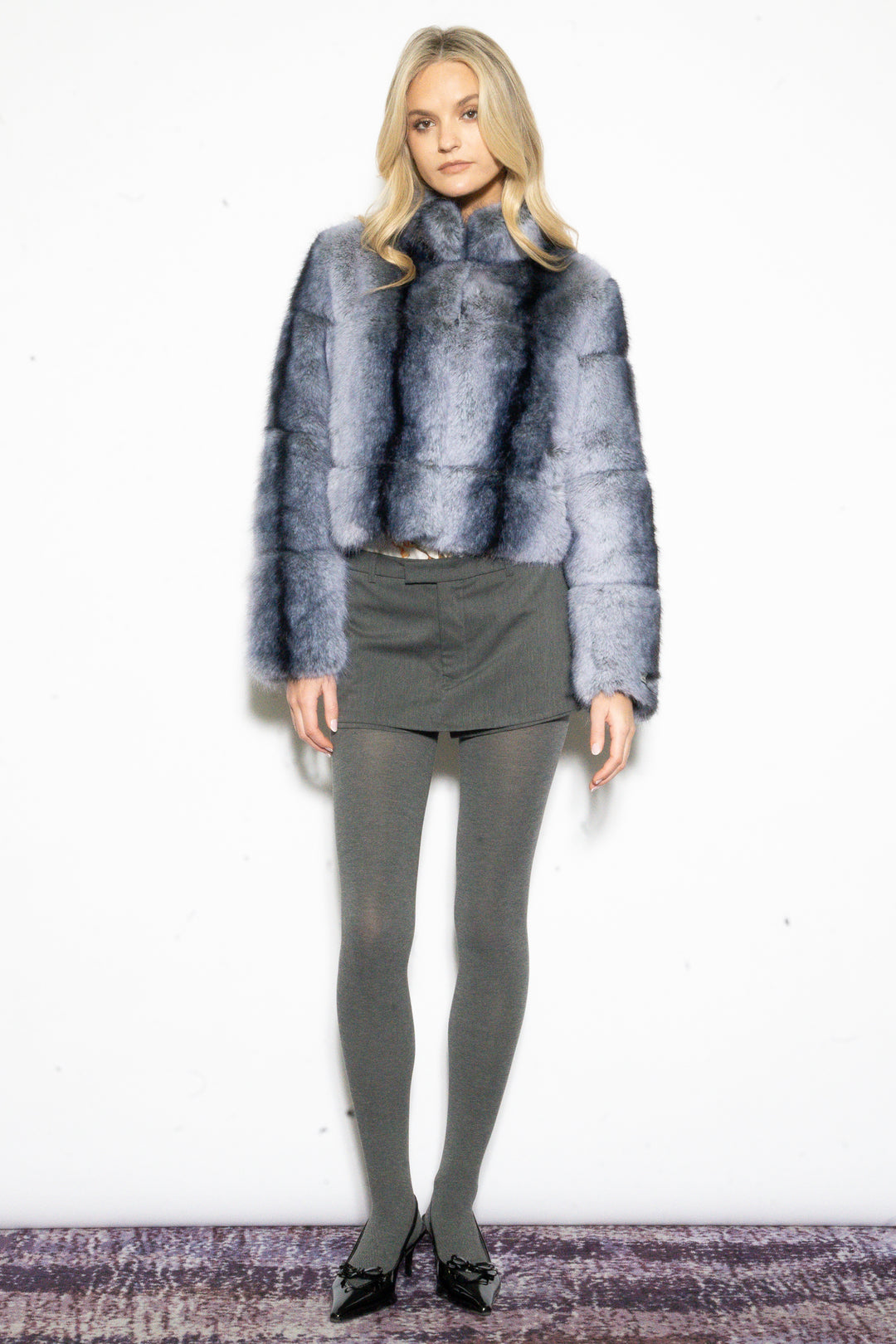 Wool-Blend Grey Faux Fur Jacket