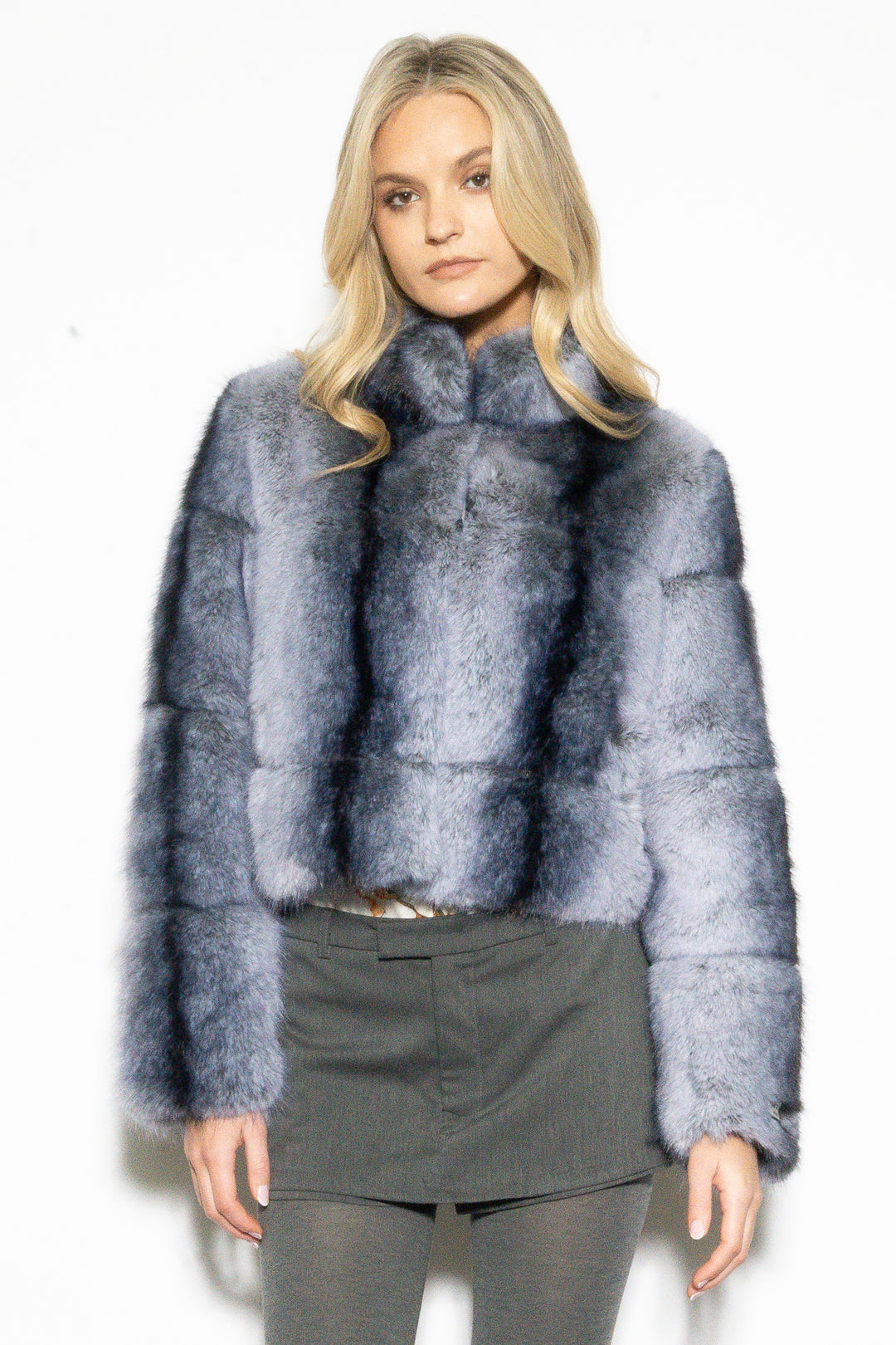 Wool-Blend Grey Faux Fur Jacket