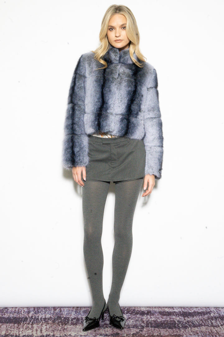 Wool-Blend Grey Faux Fur Jacket