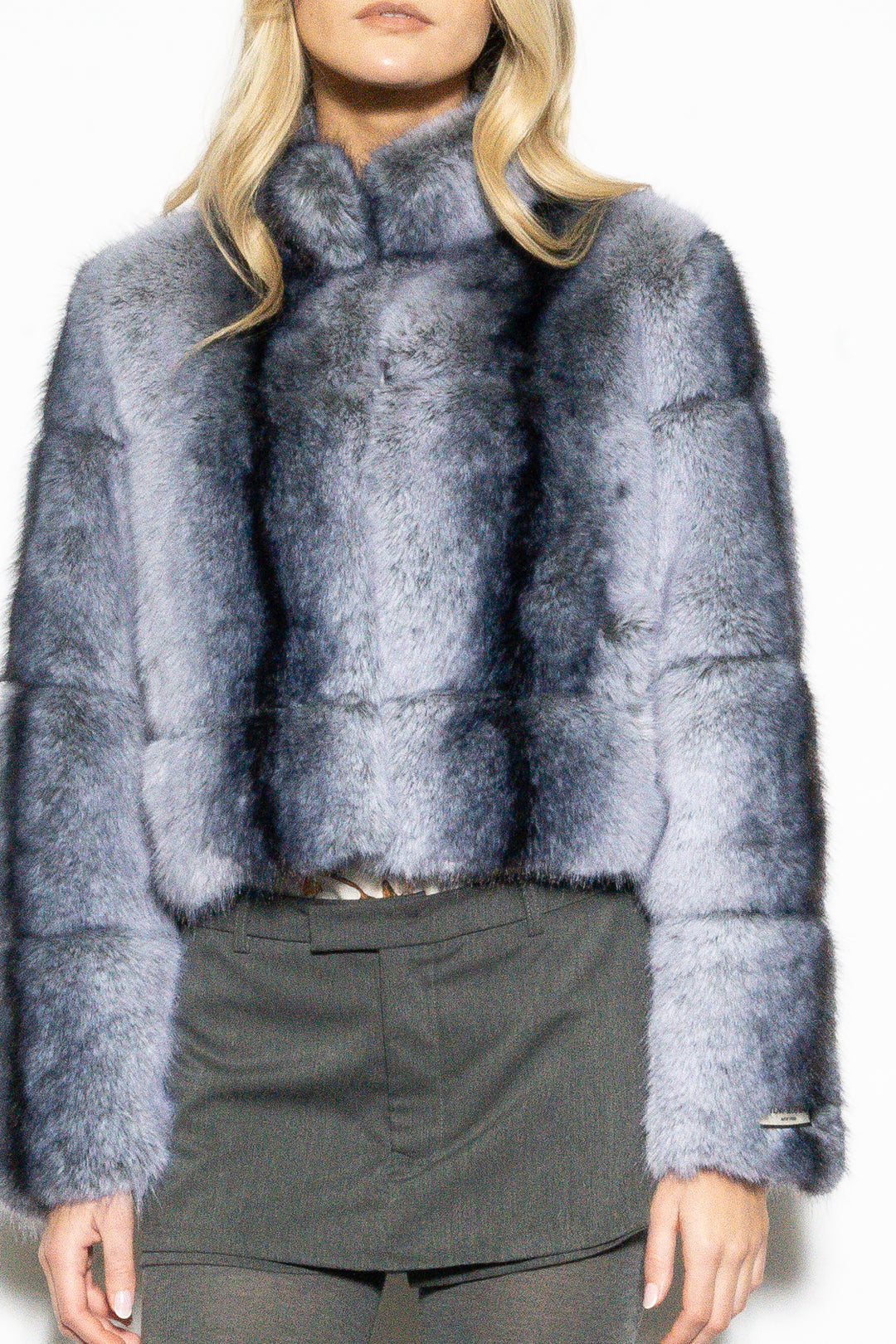 Wool-Blend Grey Faux Fur Jacket