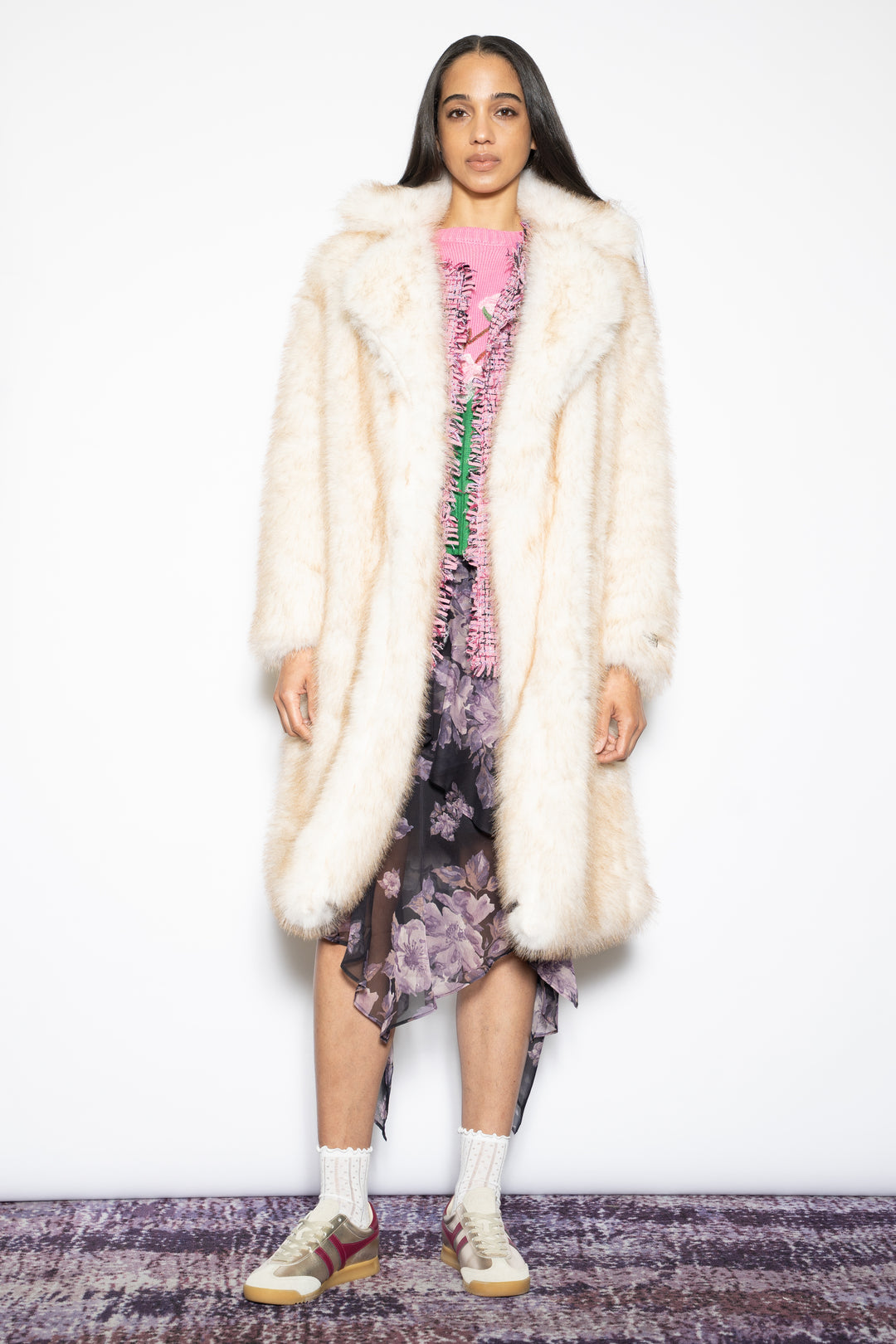 Wool-Blend Cream Faux Fur Coat
