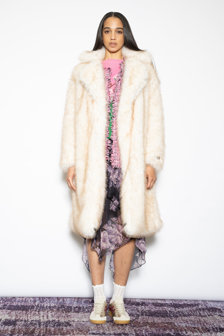 Wool-Blend Cream Faux Fur Coat