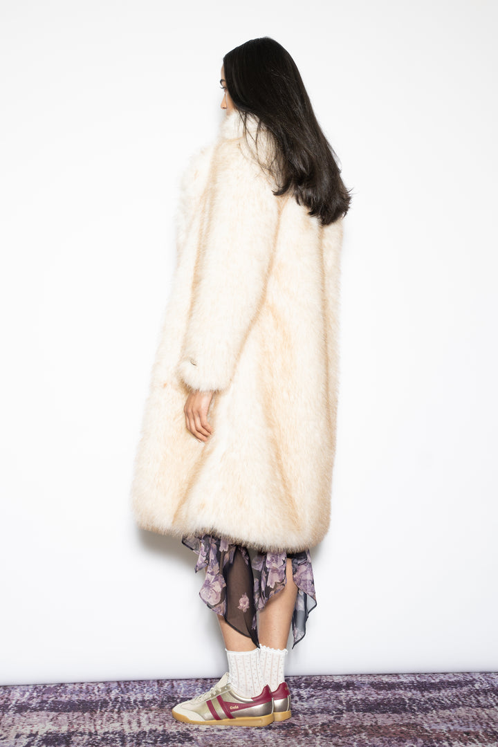 Wool-Blend Cream Faux Fur Coat