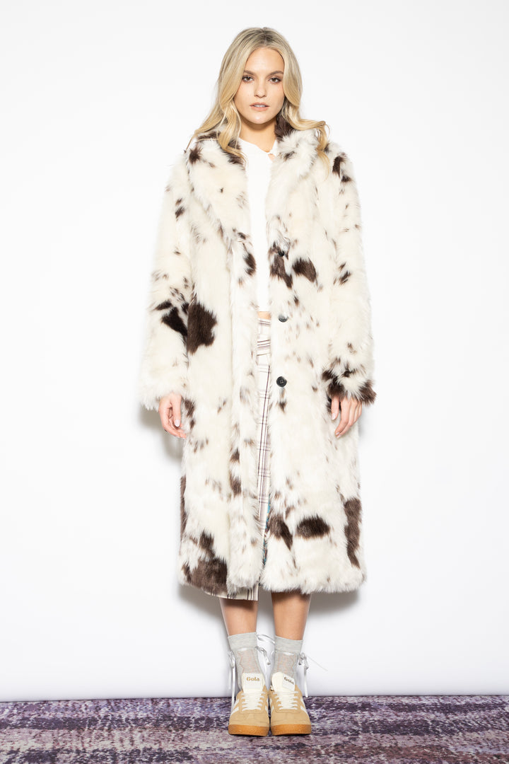 Wool-Blend Cow Print Faux Fur Coat
