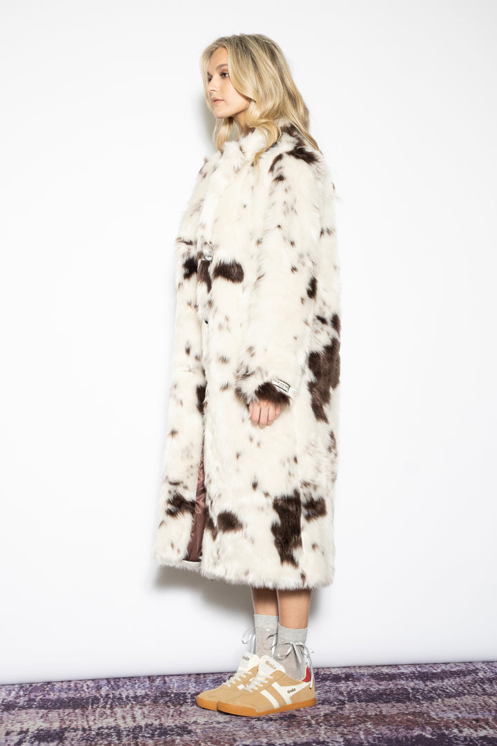 Wool-Blend Cow Print Faux Fur Coat