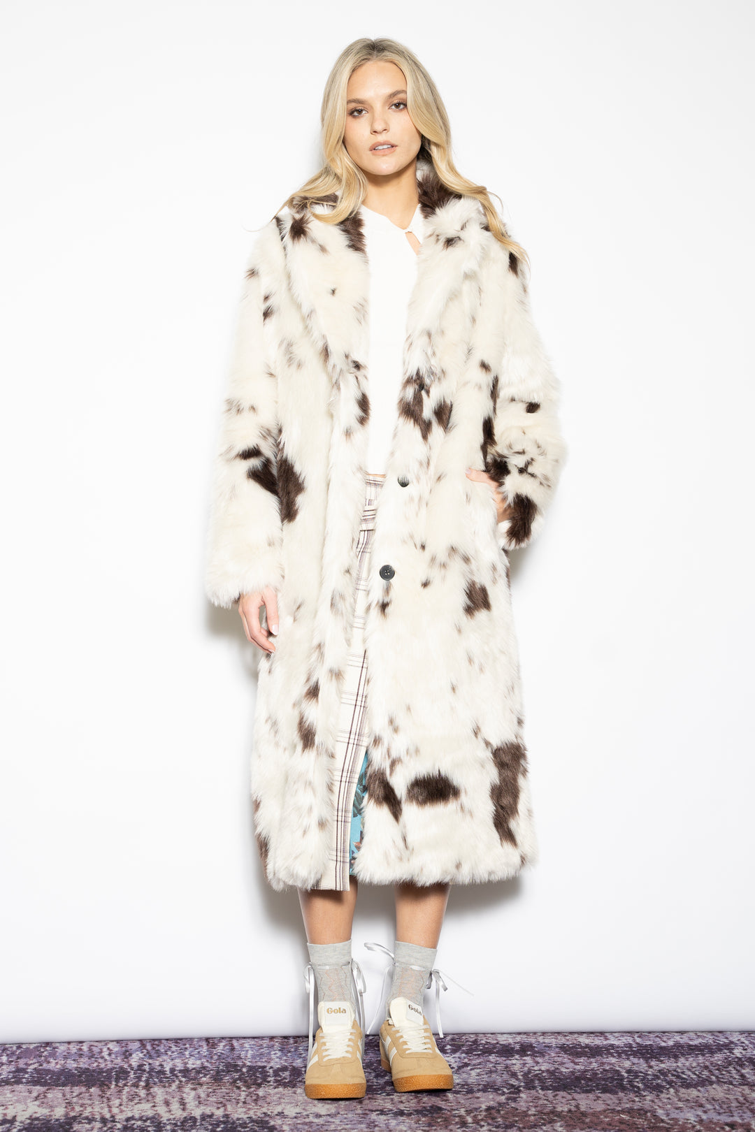 Wool-Blend Cow Print Faux Fur Coat