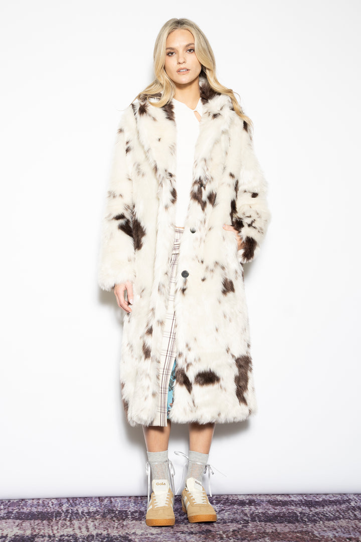 Wool-Blend Cow Print Faux Fur Coat
