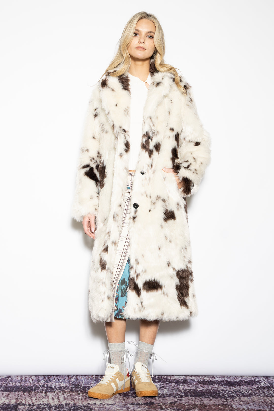 Wool-Blend Cow Print Faux Fur Coat