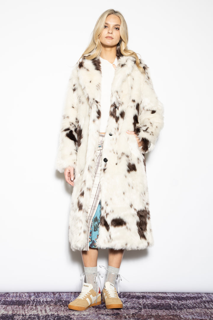 Wool-Blend Cow Print Faux Fur Coat