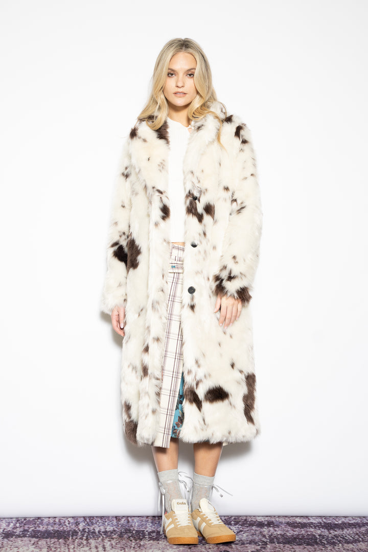 Wool-Blend Cow Print Faux Fur Coat