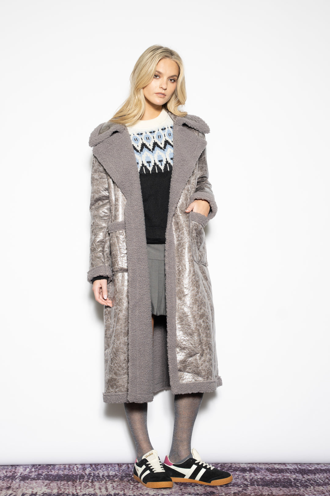 Wool-Blend Purple Faux Shearling Coat