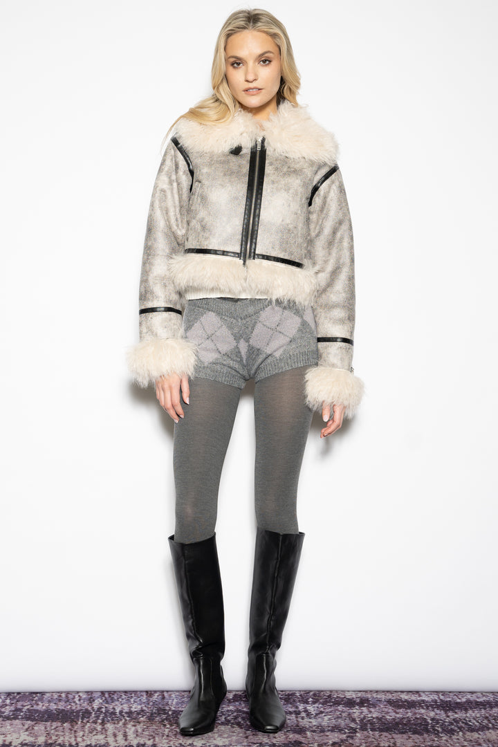 Wool-Blend Grey Faux Shearling Jacket