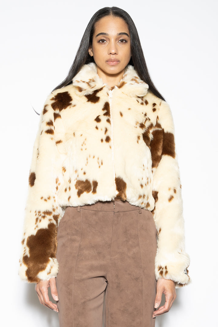 Wool-Blend Printed Faux Fur Jacket