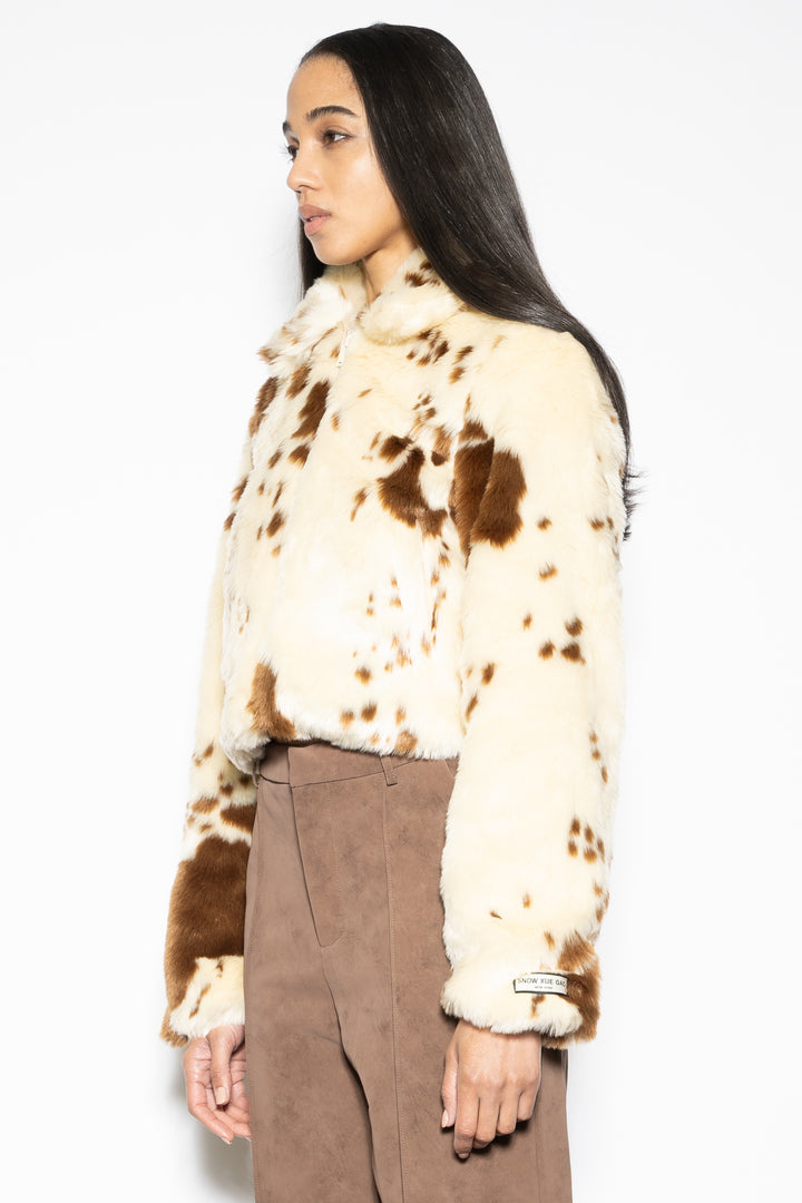 Wool-Blend Printed Faux Fur Jacket