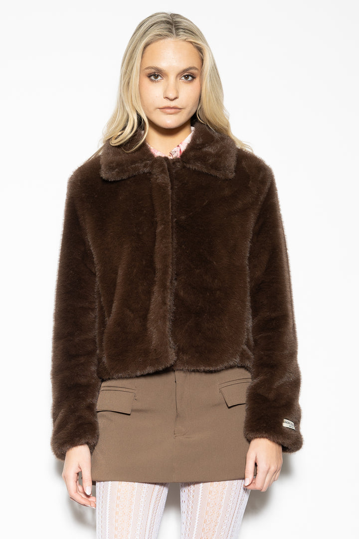 Wool-Blend Brown Faux Fur Short Jacket