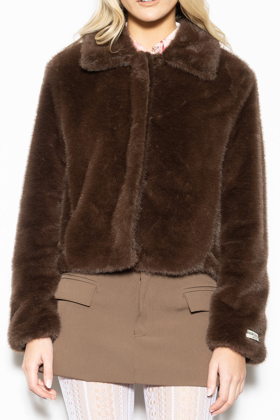 Wool-Blend Brown Faux Fur Short Jacket