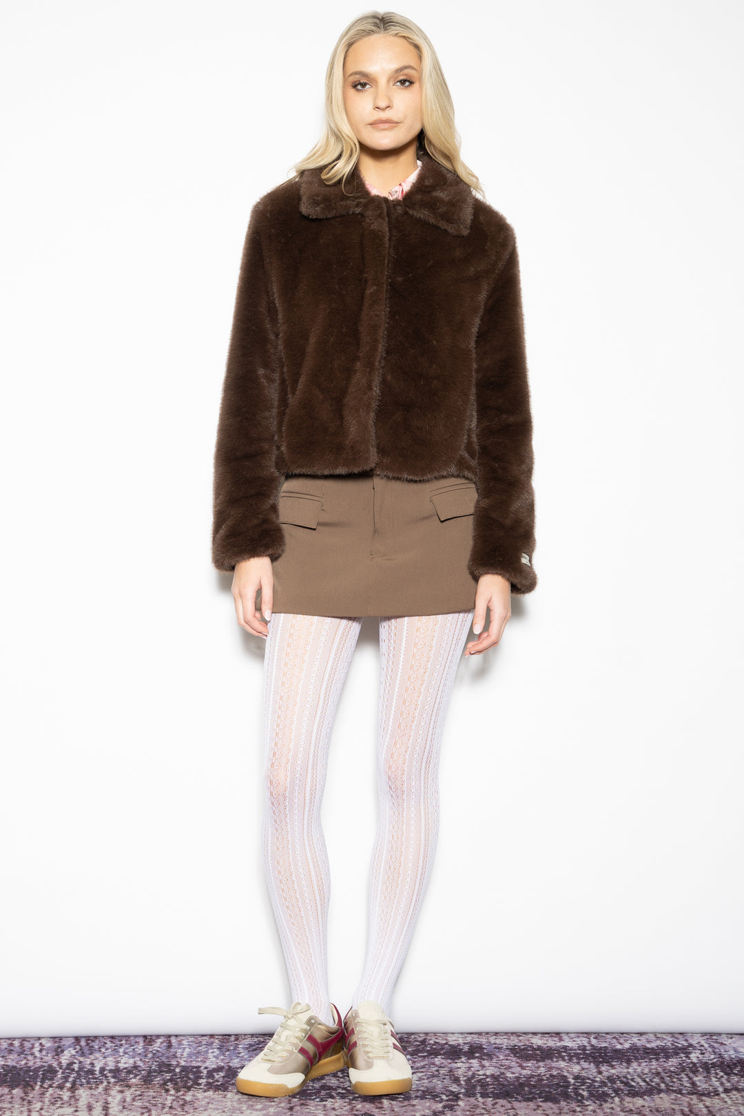 Wool-Blend Brown Faux Fur Short Jacket