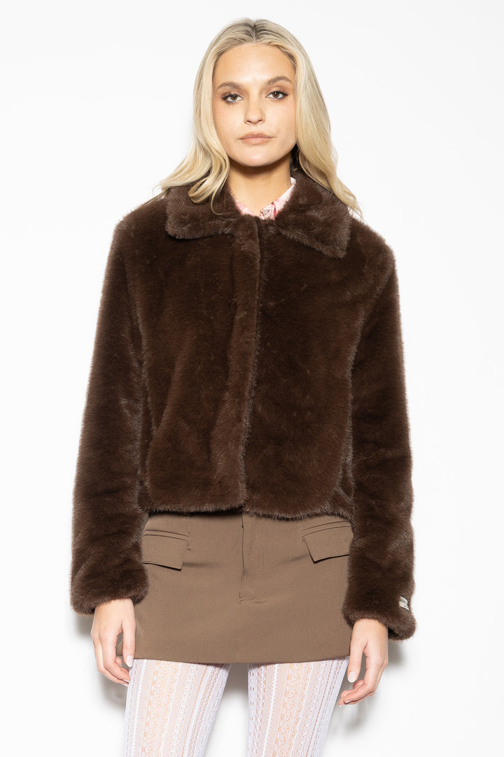 Wool-Blend Brown Faux Fur Short Jacket