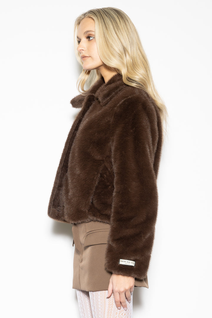 Wool-Blend Brown Faux Fur Short Jacket