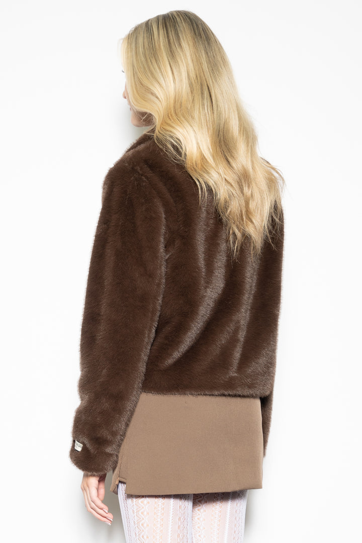 Wool-Blend Brown Faux Fur Short Jacket