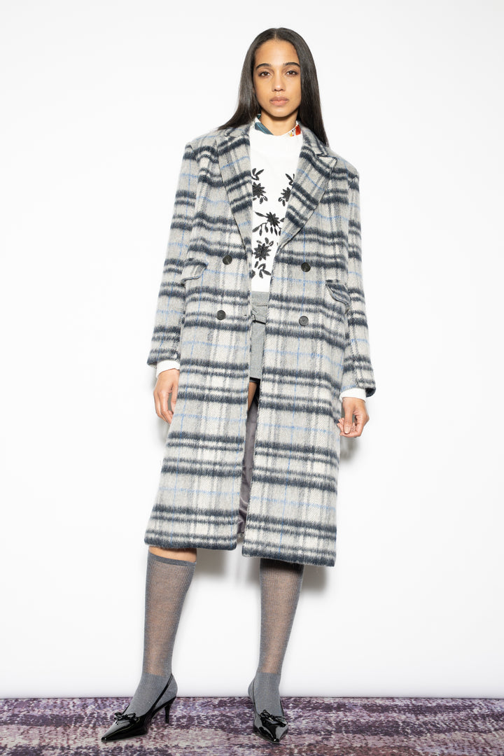 Heavy Wool Blue Grey Plaid Coat