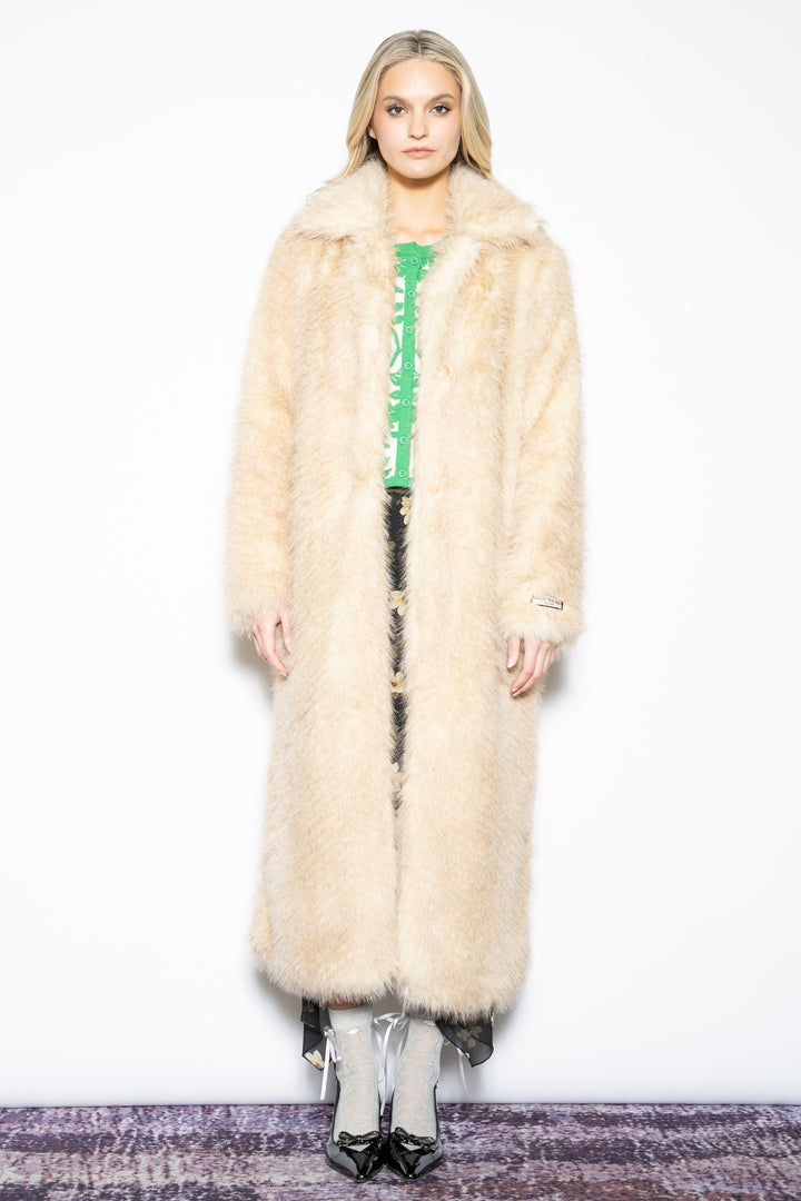 Wool-Blend Beige Faux Fur Coat