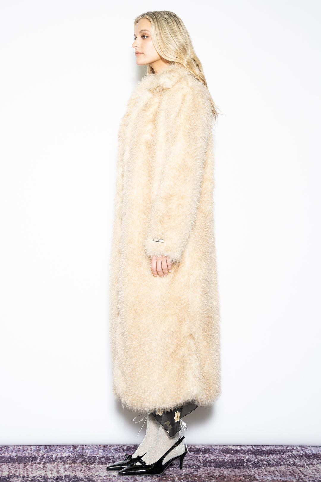 Wool-Blend Beige Faux Fur Coat