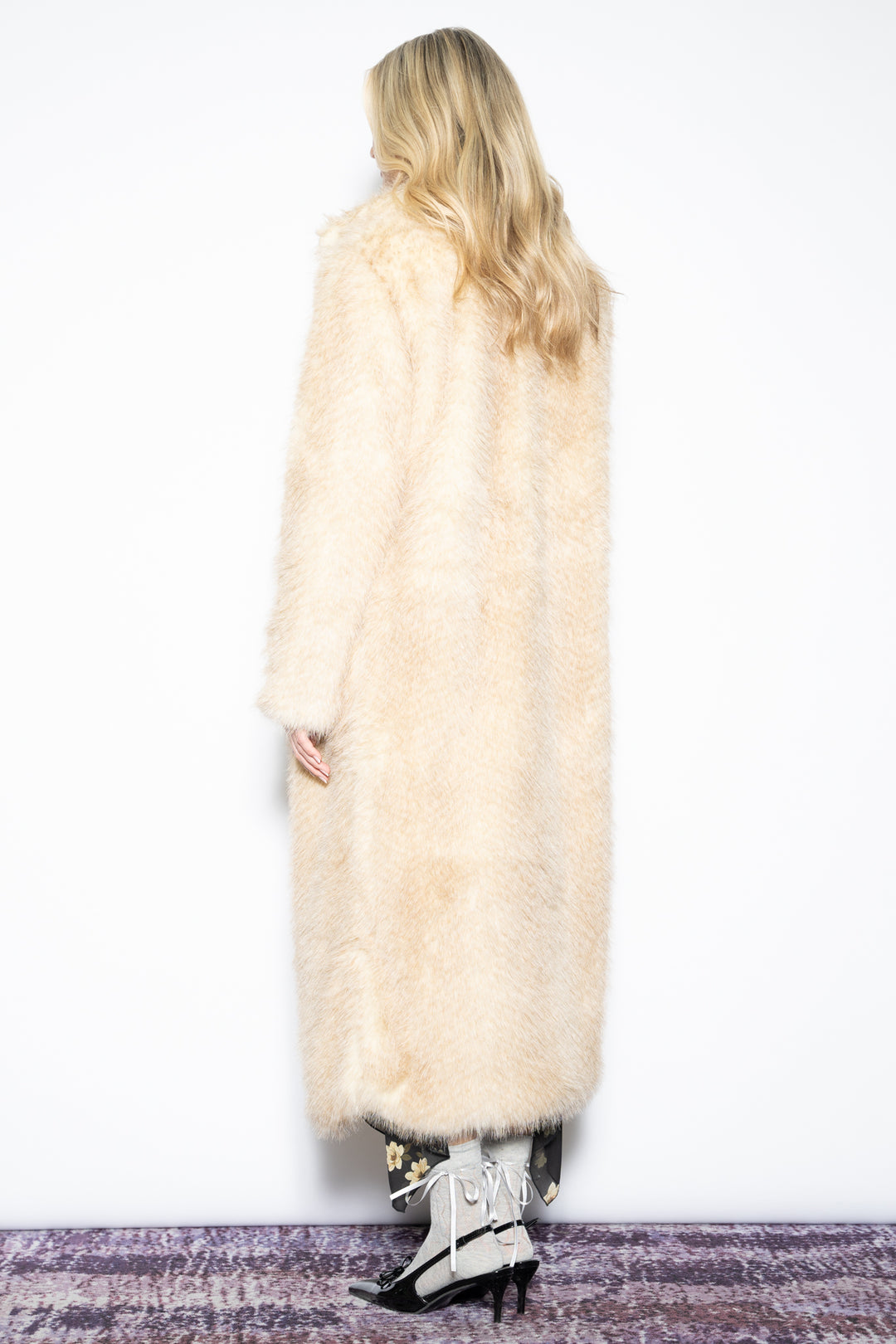 Wool-Blend Beige Faux Fur Coat