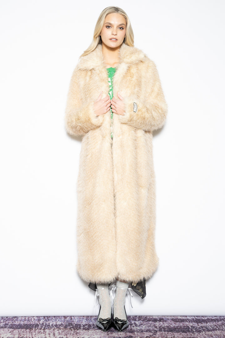 Wool-Blend Beige Faux Fur Coat