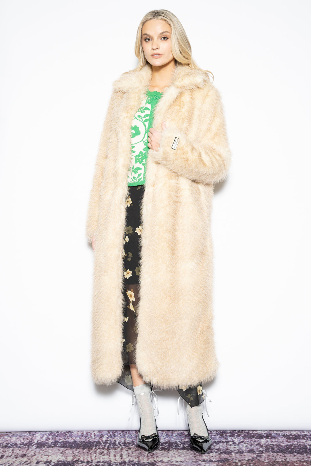 Wool-Blend Beige Faux Fur Coat