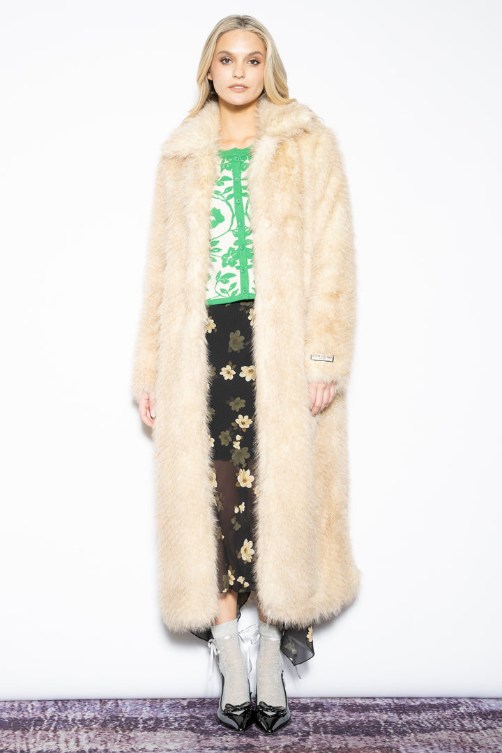 Wool-Blend Beige Faux Fur Coat