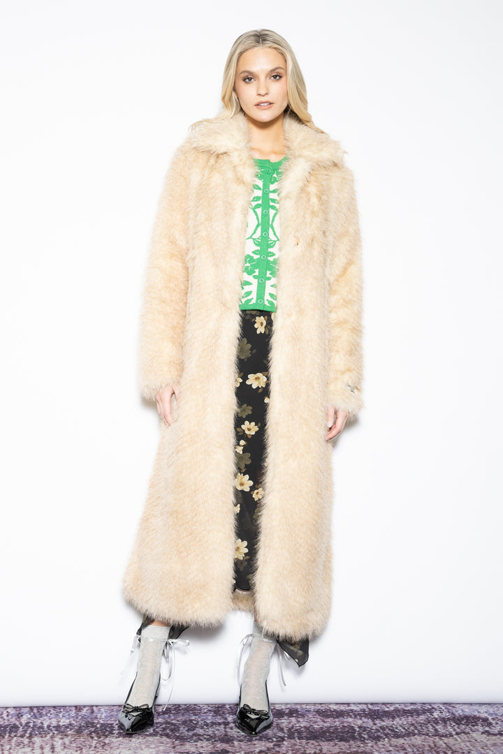 Wool-Blend Beige Faux Fur Coat