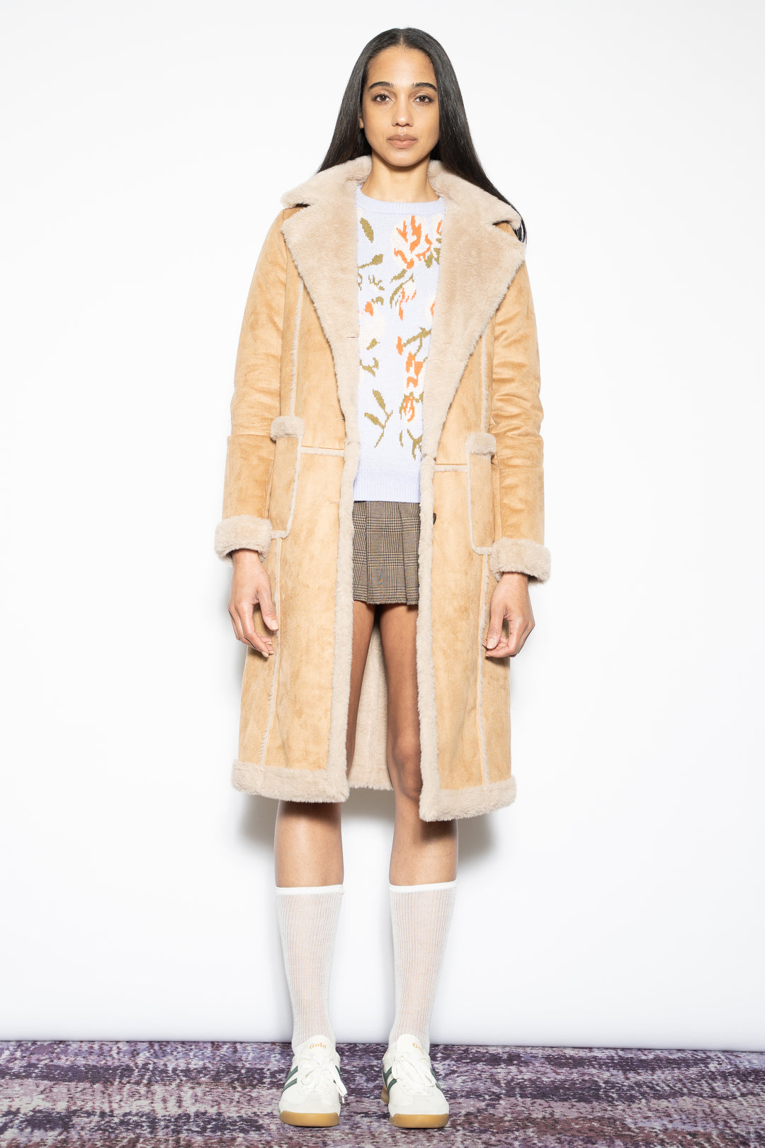 Wool-Blend Faux Fur Tan Shearling Coat