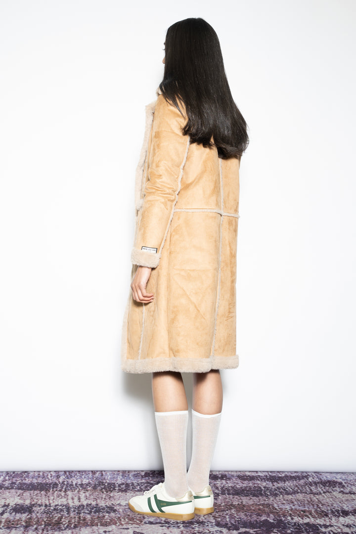 Wool-Blend Faux Fur Tan Shearling Coat