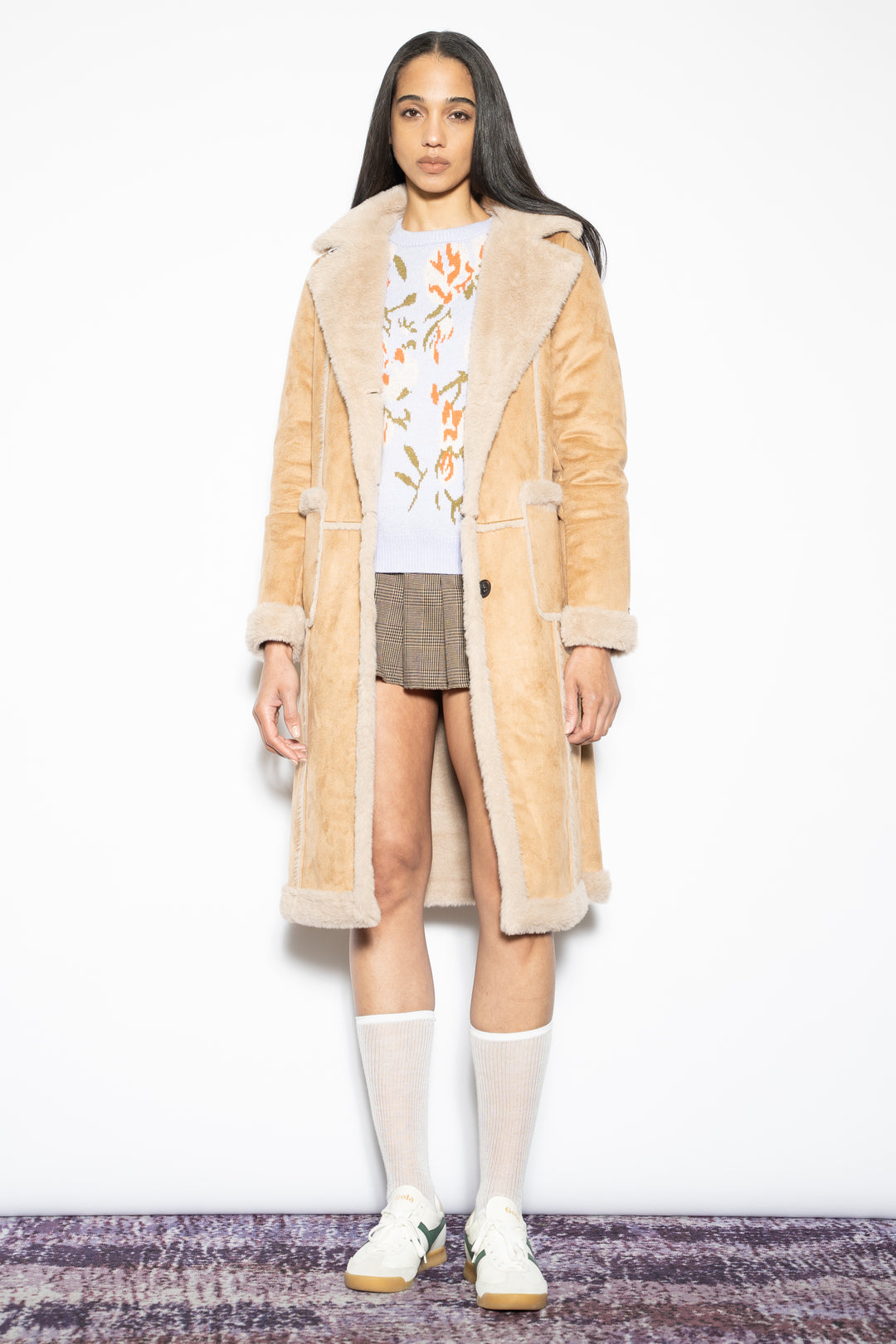 Wool-Blend Faux Fur Tan Shearling Coat
