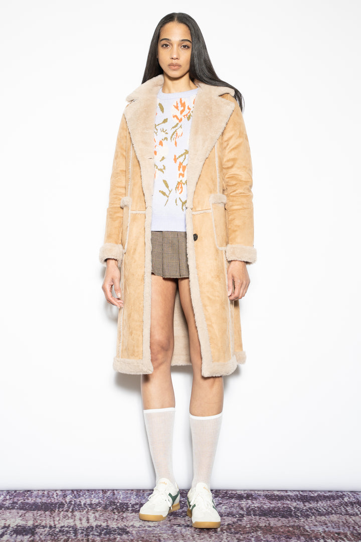 Wool-Blend Faux Fur Tan Shearling Coat