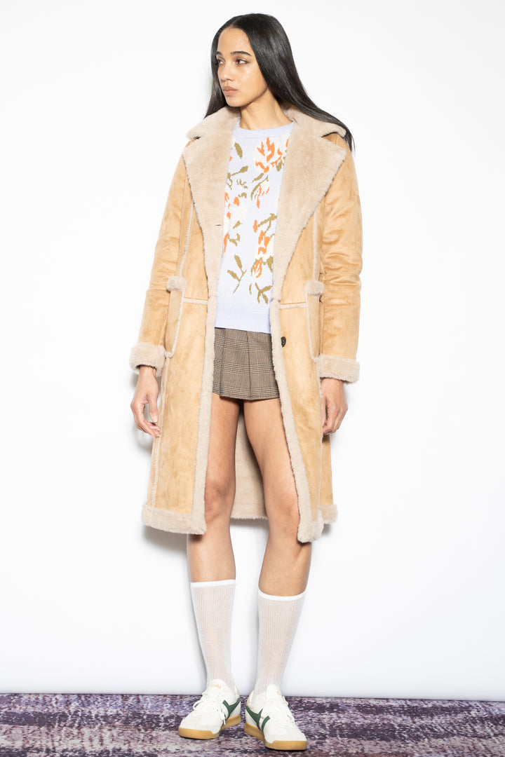 Wool-Blend Faux Fur Tan Shearling Coat
