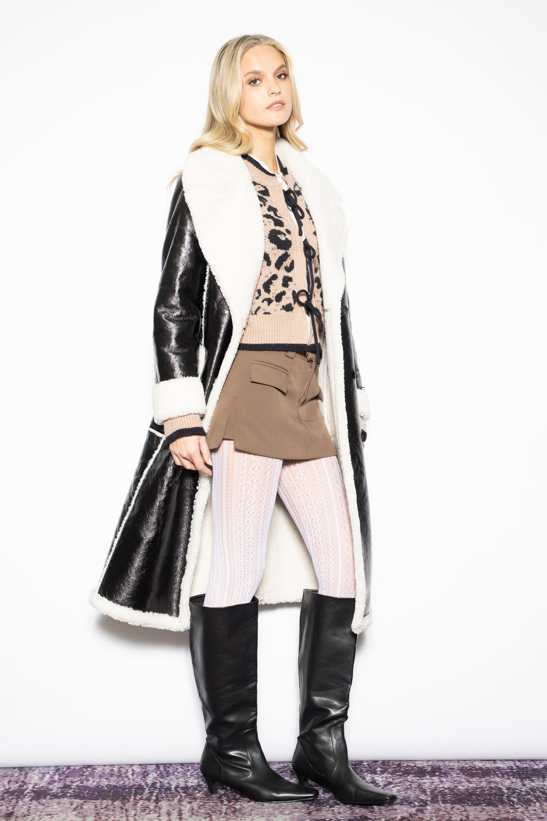 Wool Faux Shearling Black Coat